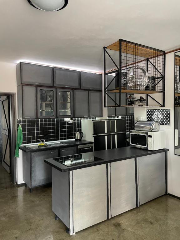 a kitchen with stainless steel cabinets and a black counter top at Villa Karabelli in Búč