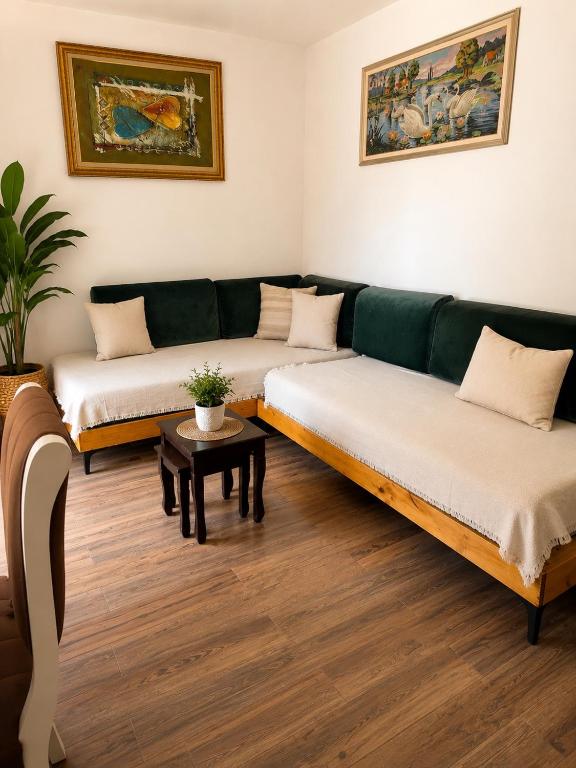 a living room with two couches and a table at Apartament Drasa in Gjirokastër