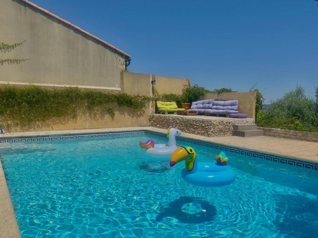 a swimming pool with two toys in the water at Les oliviers in Lédignan