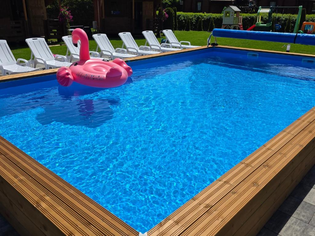 a swimming pool with a pink inflatable pool toy in the water at Arcada in Jarosławiec
