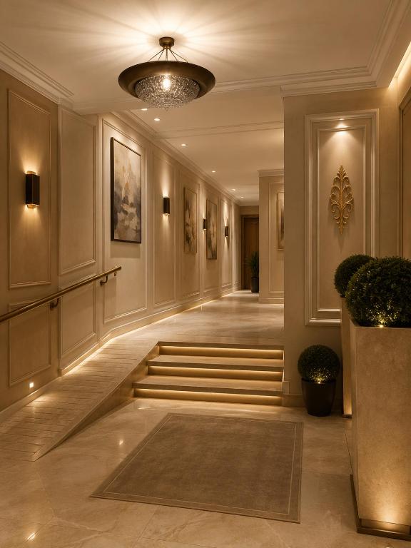 a hallway of a building with stairs and a chandelier at Résidence Haute Standing Corniche in Martil