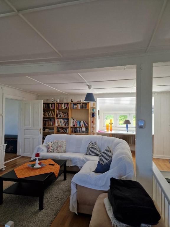 a living room with a white couch and a table at Manus Ferienwohnung in Brevik