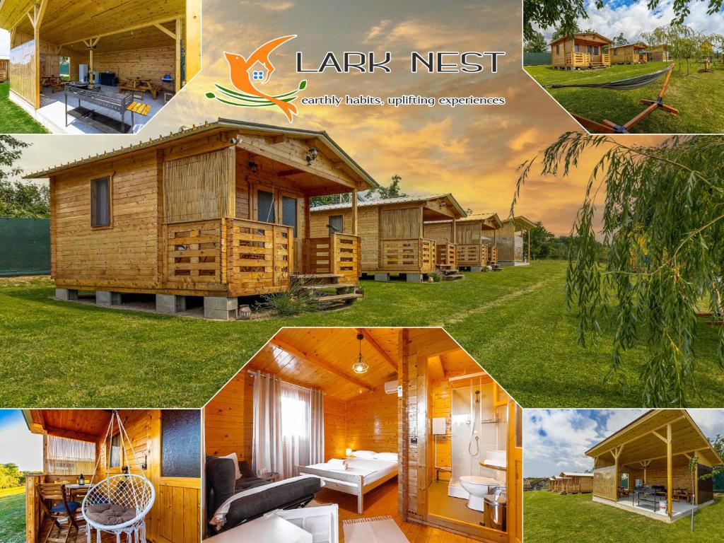 eine Collage von Bildern einer Blockhütte in der Unterkunft Lark Nest in Novaci-Străini