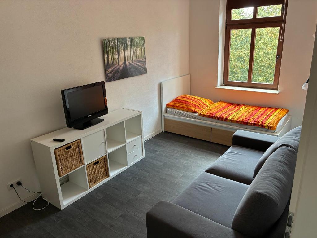 a living room with a couch and a tv at Schlossblick in Oranienbaum