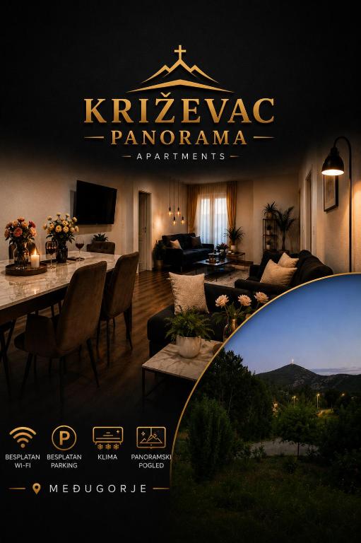 a living room with a table and a dining room at Panorama Krizevac in Međugorje