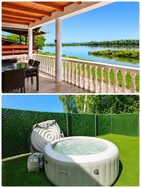 two pictures of a hot tub in a yard at Danube Panorama House - River View, Jacuzzi & Nature in Čelarevo