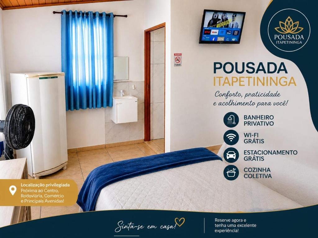 a poster of a room with a bed and a refrigerator at Apartamentos-8-3-6 - Pousada Itapetininga in Itapetininga