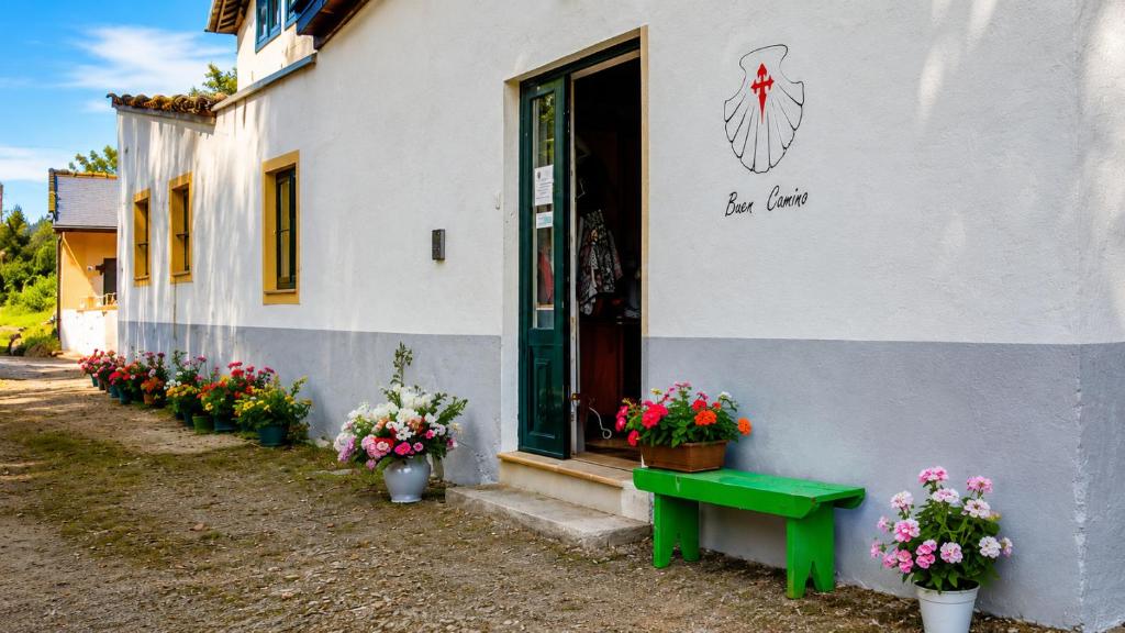 a building with a green door and flowers in pots at Albergue Vía Vitae in Otur