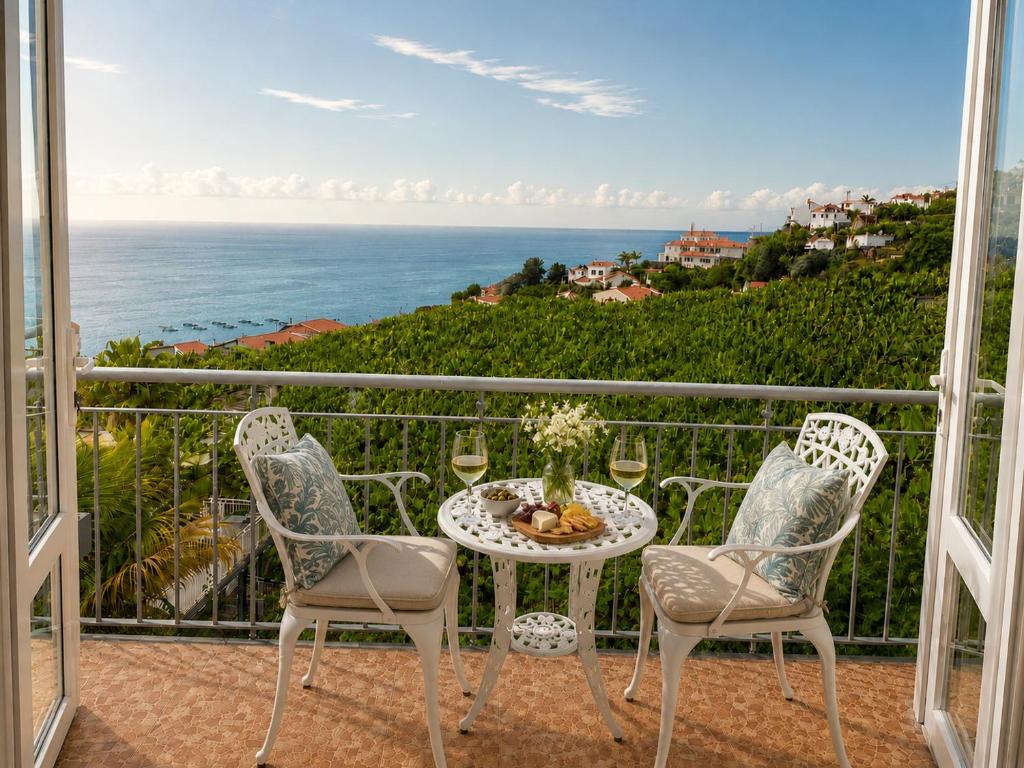 a table and chairs on a balcony with a view of the ocean at Bluegreen in Arco da Calheta