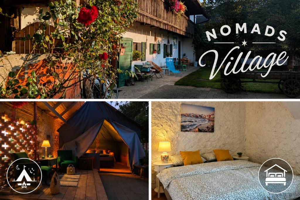 a collage of pictures with a tent and a bed at Nomads Village in Bled