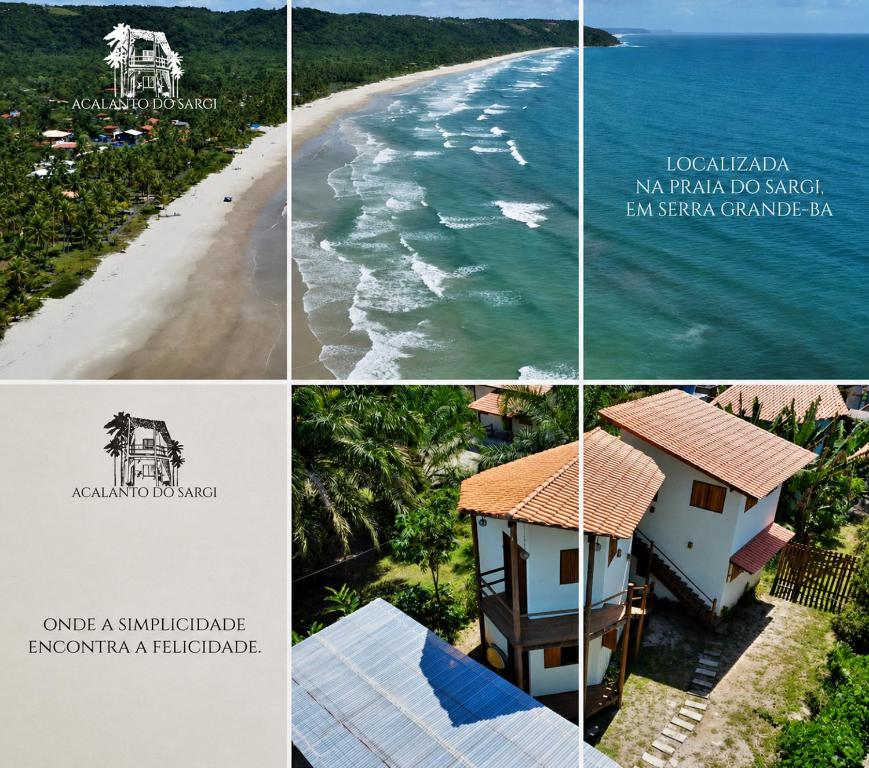 a collage of four pictures of a beach at Acalanto do Sargi in Uruçuca
