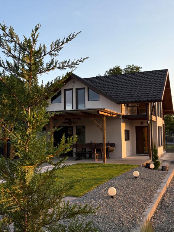 a house with a table in the yard at Cabana Carpatin in Ocna-Mureşului