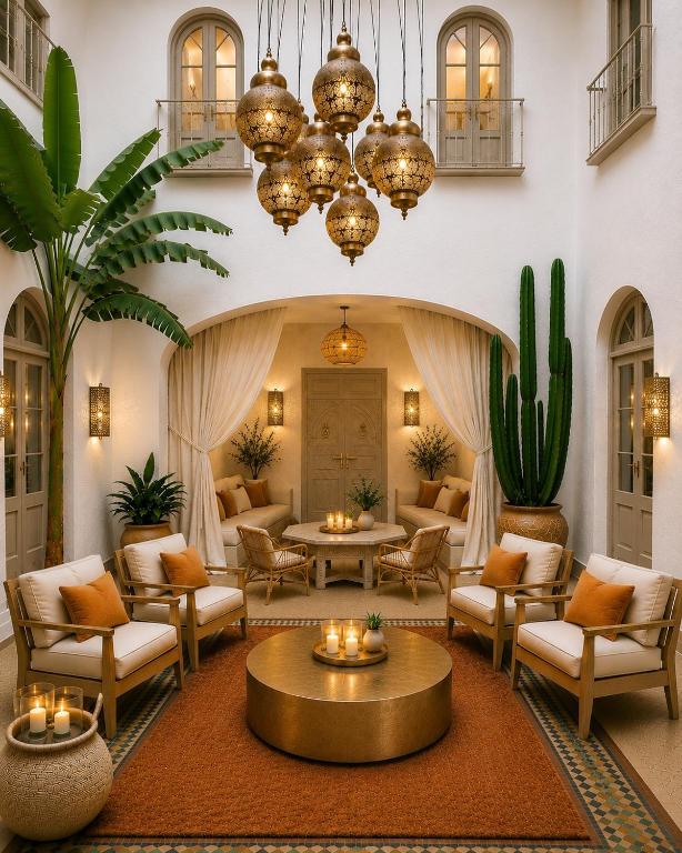 a lobby with couches and tables and cactus at Riad Sesame in Marrakesh