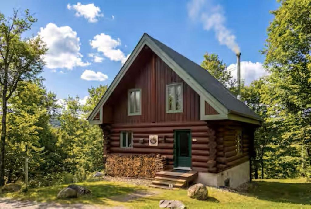 a log cabin in the woods with a green door at Le Bois Dormant - Spa, Fireplace, Pool, Lake, Tennis in Lac-Superieur