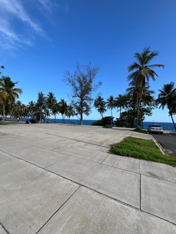 a parking lot next to the ocean with palm trees at Moderno Apartment Near the Ocean Santo Domingo Este Wife ,AC in La Francia