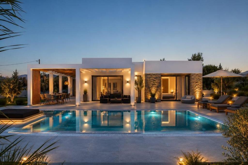 a villa with a swimming pool at night at Lion Exclusive Villa in Sarakinádhon