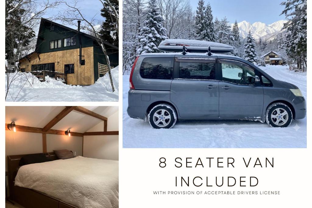 a collage of two pictures of a van in the snow at Chalet Tsugaike in Otari
