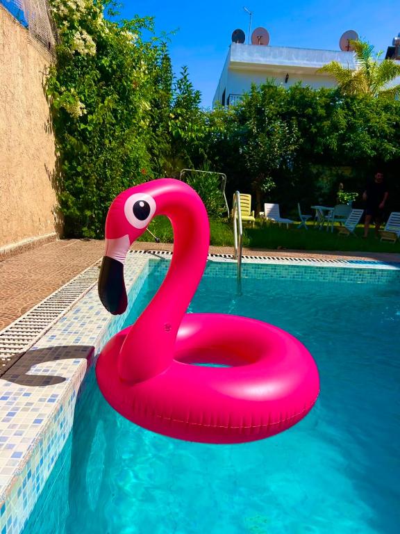 a pink swan float in a swimming pool at Villa à louer nouaceur 3 chambres in Nouaseur