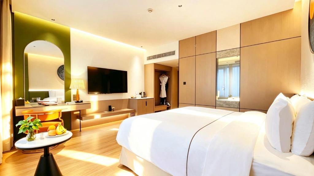 a bedroom with a large white bed and a television at Merry Hotel Shanghai in Shanghai