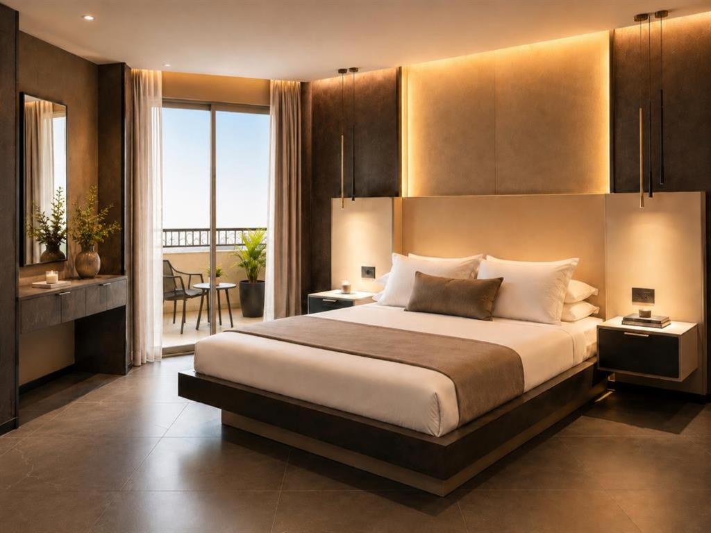 a bedroom with a large bed and a balcony at La Coquille - הקונכייה in Eilat