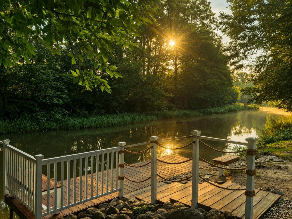 a wooden bridge over a river with the sun shining at Nad Brzegiem Krutyni in Spychowo