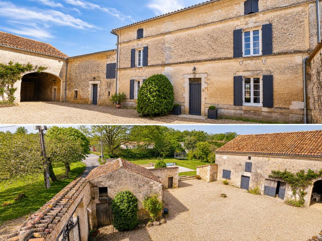 two pictures of an old house and a building at La spacieuse maison des miots in Saint-Simeux