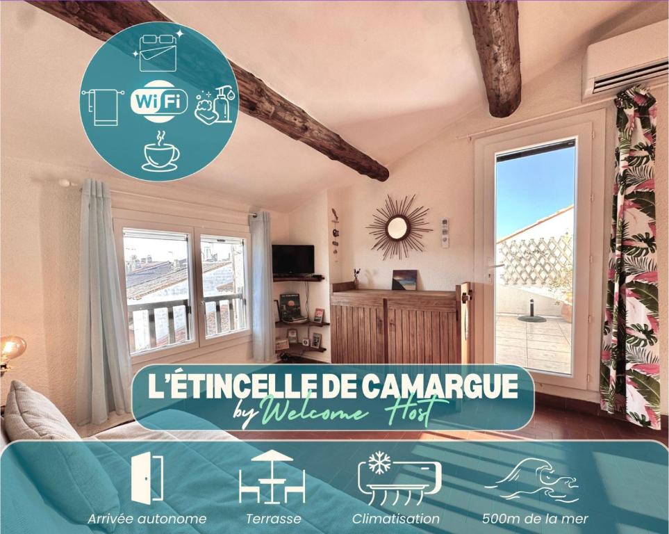 a room with a sign that reads lighthouse de campanape at L'étincelle de Camargue, Plage et centre à pied in Saintes-Maries-de-la-Mer