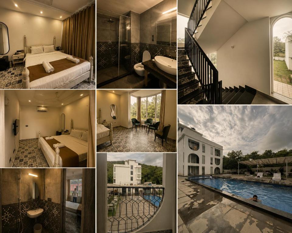 a collage of photos of a hotel with a pool at TGC Resort And Hotel Arpora in Calangute