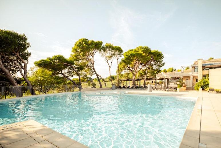 a large blue swimming pool with trees in the background at Appartement Terrasse avec Vue exceptionnelle Golf in Saumane-de-Vaucluse