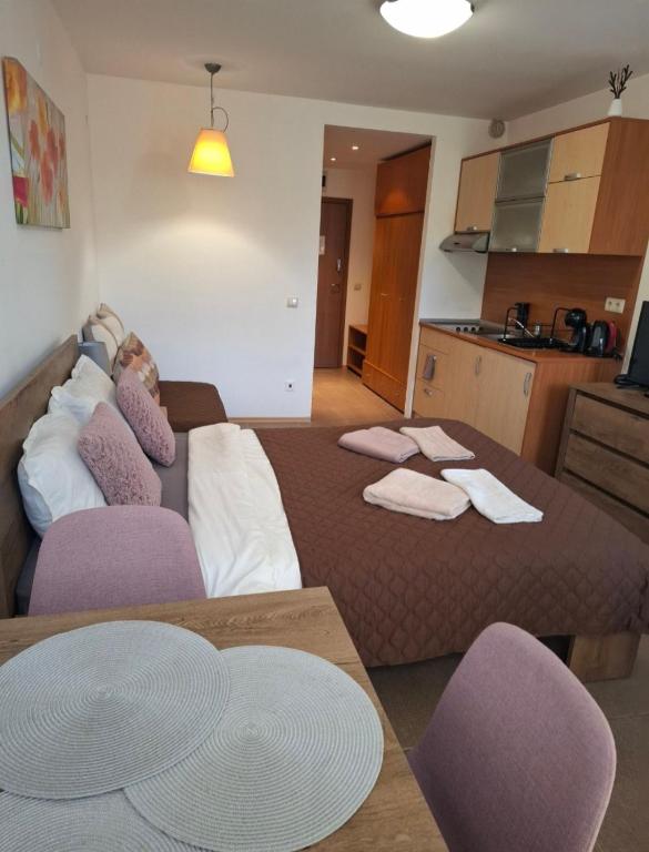 a living room with a bed and a kitchen at Cozy studio 125 in Villa Park in Borovets