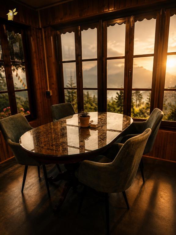 a table and chairs in a room with windows at Lungta Homes in Bomdila