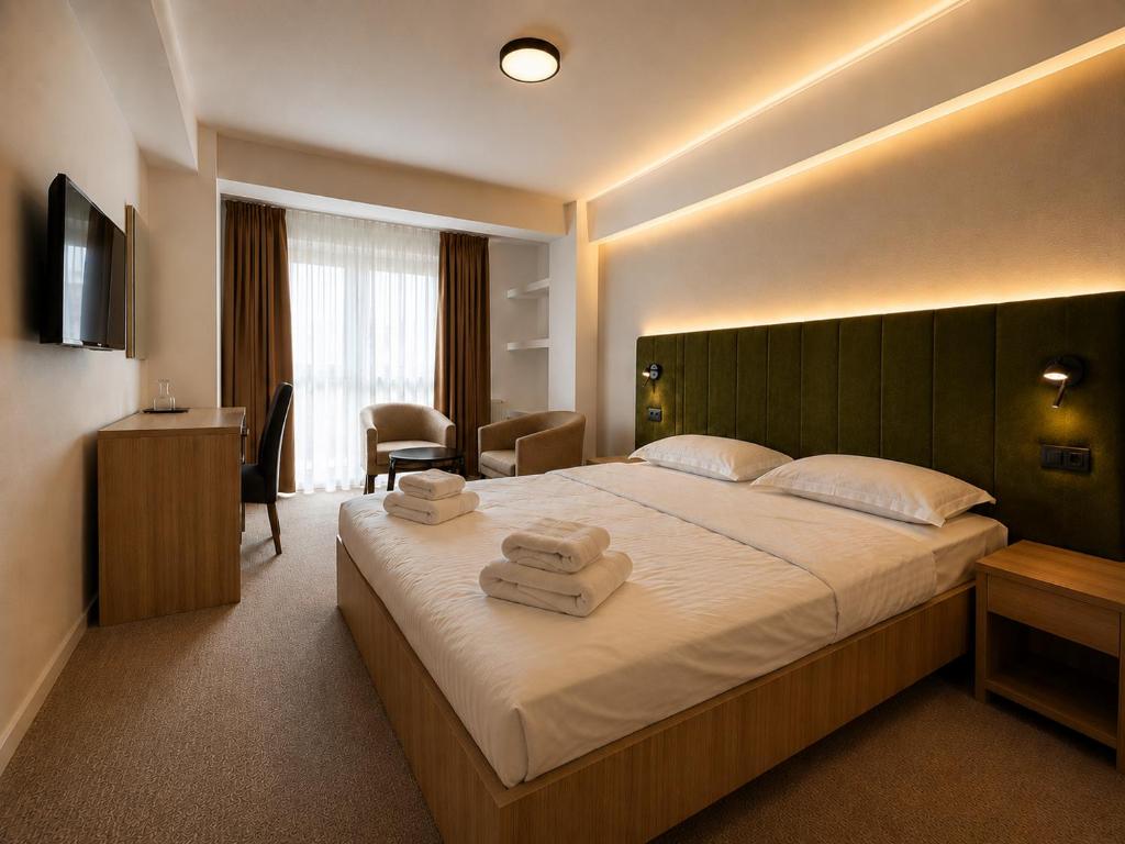 a hotel room with a large bed with towels on it at Hotel Gala in Cluj-Napoca