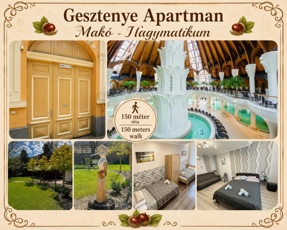 a collage of pictures of a resort with a pool at Gesztenye Apartman in Makó