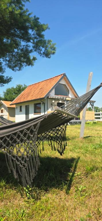 a hammock in a field in front of a house at W ładnym polu n1 in Ruciane-Nida