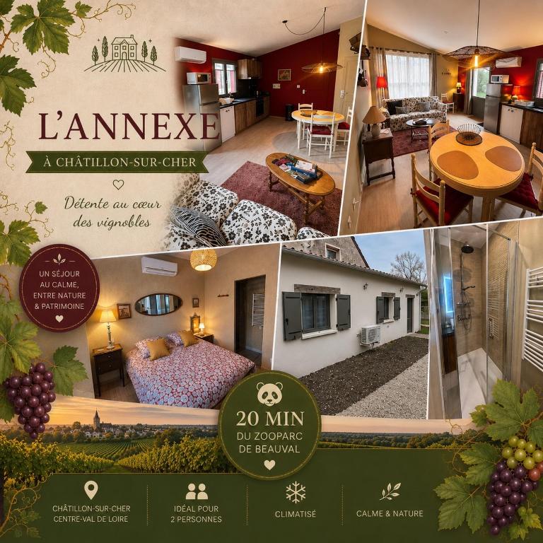 a collage of three pictures of a house at L'annexe du vigneron in Châtillon-sur-Cher