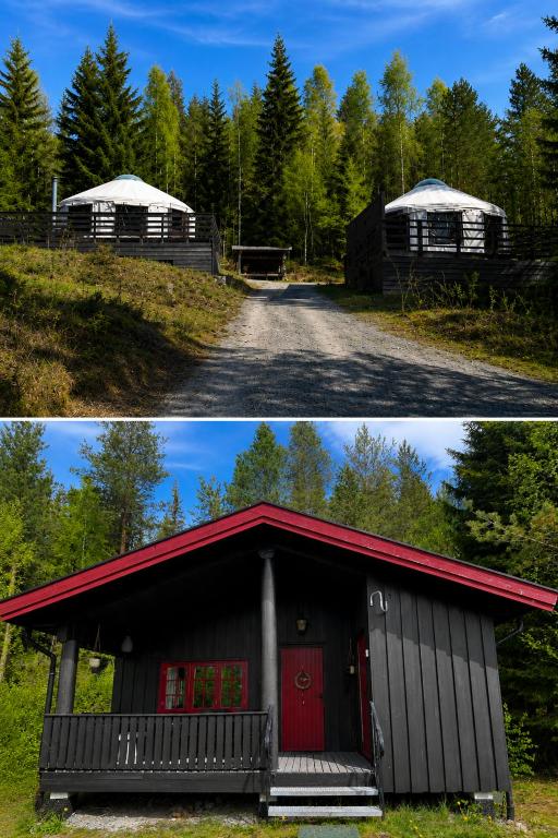 two pictures of a barn with a red door at Halvorseth in Prestfoss