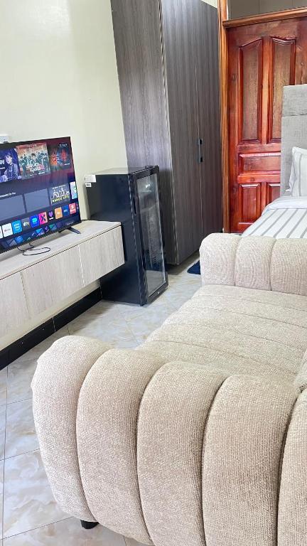 a hotel room with two beds and a television at Muyenga Studio Apartments in Kampala
