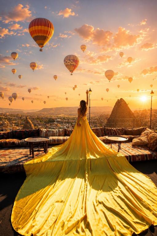 a woman in a yellow dress with hot air balloons at Hira Cave Hotel in Göreme
