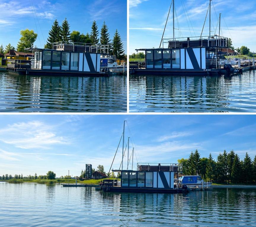 a group of three pictures of a boat on the water at Mazurska Osada Just in Łupki