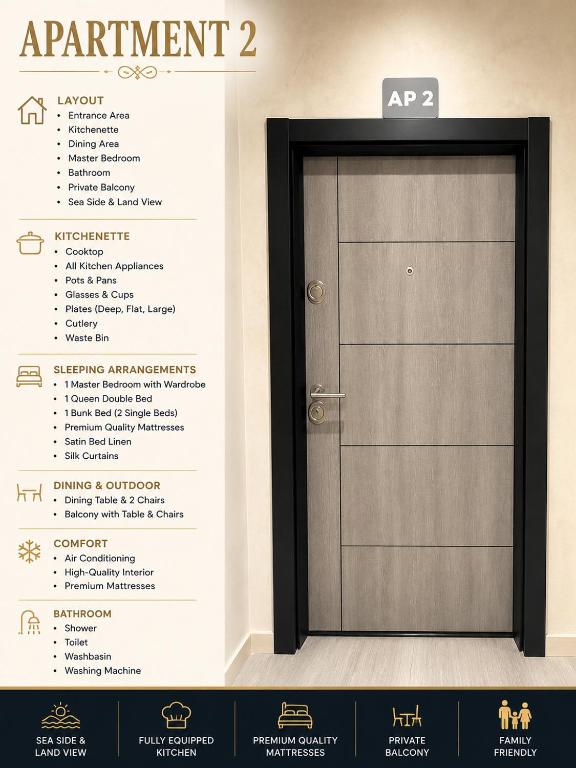 a door in a wall with a menu next to it at Apart-Hotel Suites - Qerret, Golem, Durres in Golem