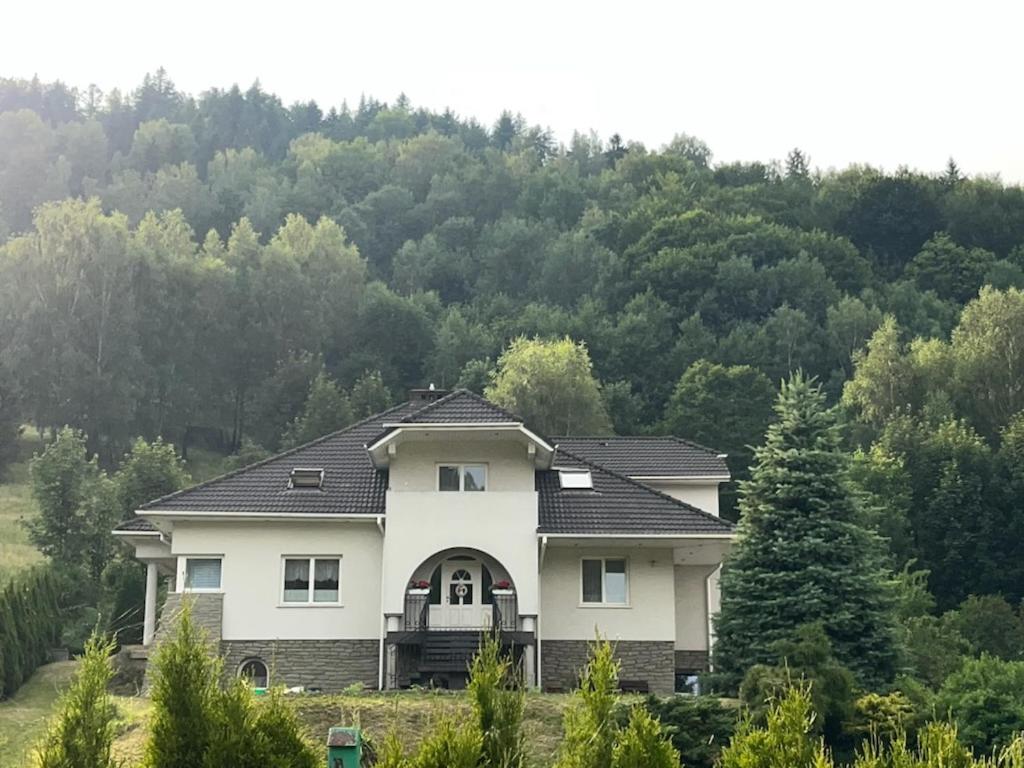 a white house with a black roof at Biały Domek in Szczyrk