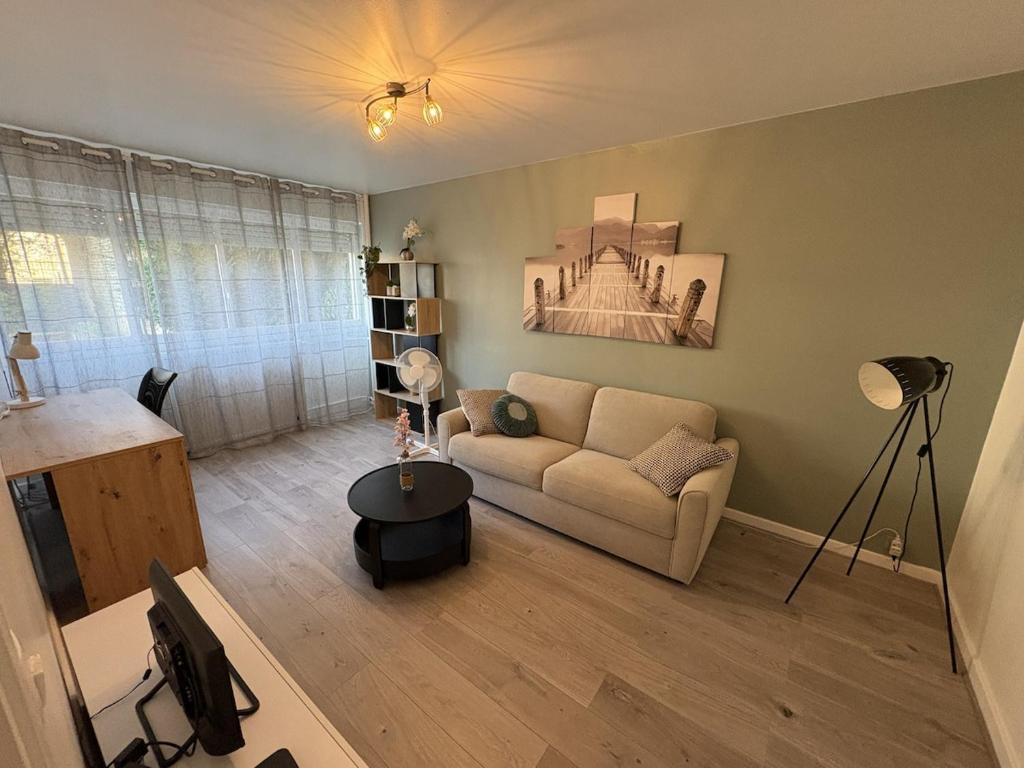 a living room with a couch and a table at Le cocon de la Citadelle in Chalon-sur-Saône