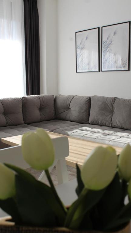 a living room with a couch and a table at Apartman Lejla in Bjelašnica