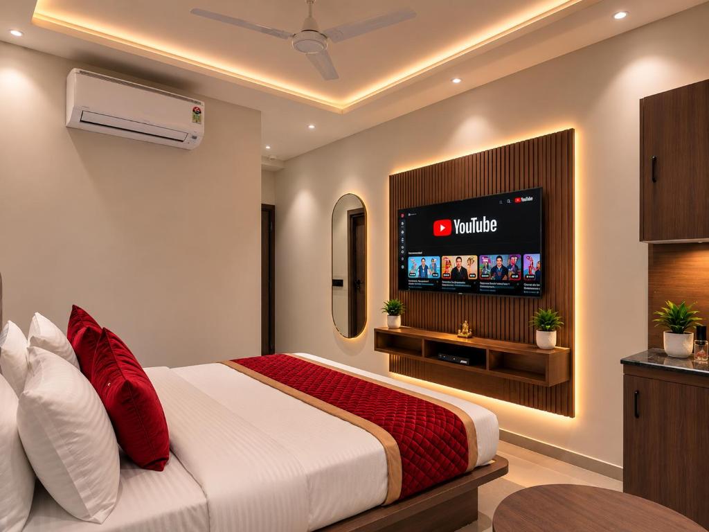 a bedroom with a large bed with a tv on the wall at Hotel Sunshine Suites IGI Airport in New Delhi