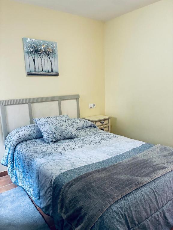 a bedroom with a bed with a blue comforter at Casa Avoa María in Ourense