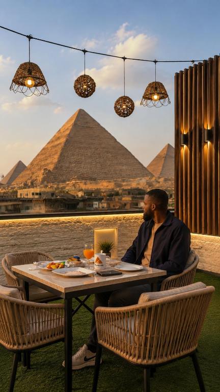 a man sitting at a table in front of the pyramids at Leeda Pyramids View in Cairo