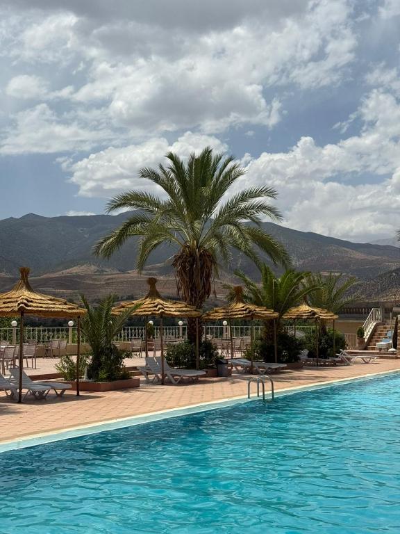 a swimming pool with a palm tree and umbrellas at L'oliveraie D'amizmiz in Amizmiz