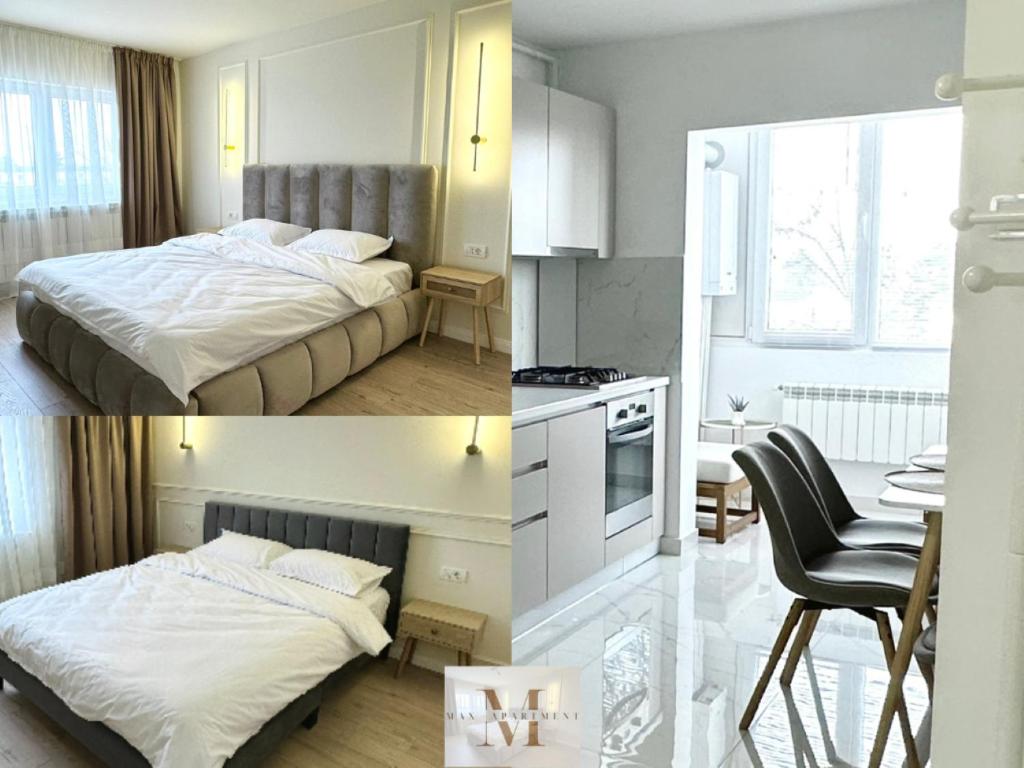 two pictures of a bedroom with a bed and a kitchen at Max Apartment in Ocna-Mureşului