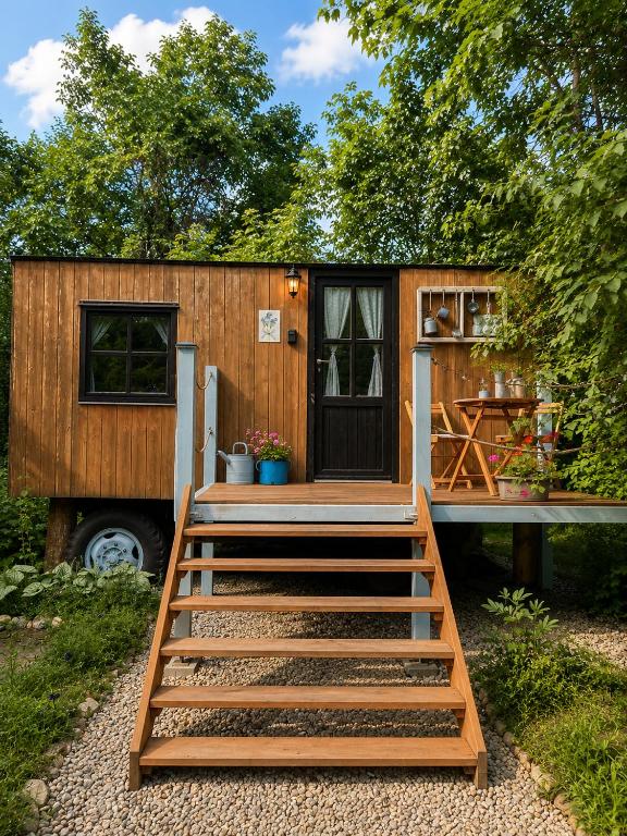 a tiny house with a staircase leading to a door at Maringotka Pomněnka in Pačejov