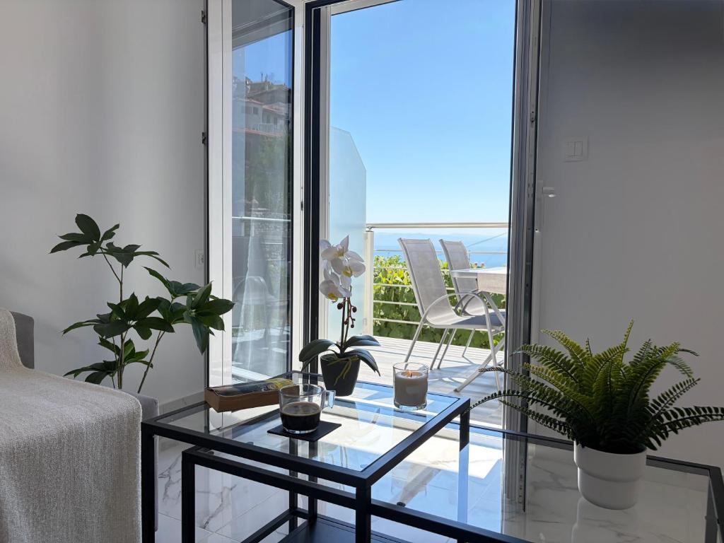 a living room with a glass coffee table and plants at Alexandros Luxury Apartment in Glossa